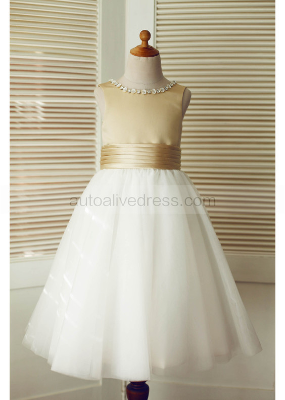 Beaded Neck Champagne Satin Ivory Tulle Wedding Flower Girl Dress